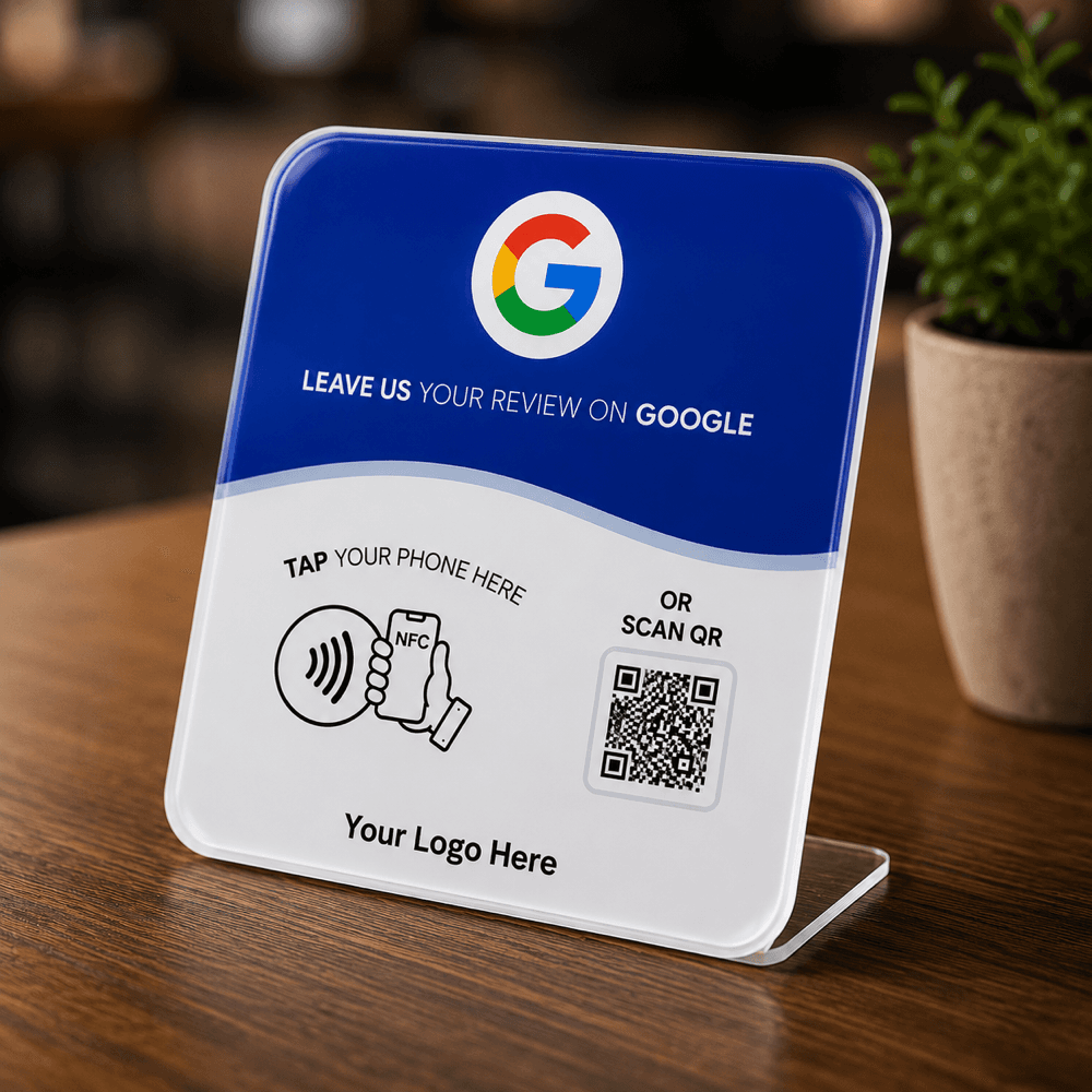A 5Star Rep review tap plate standing on a counter, showing a tap area and a QR code.